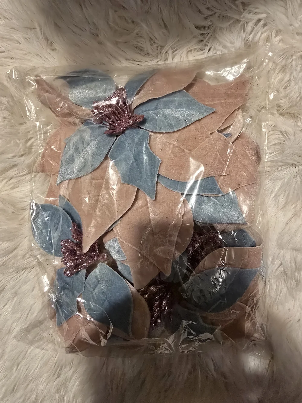 Holiday Velvet Poinsettia Tree Clip - Pink & Blue. 6 Piece Set. NEW.